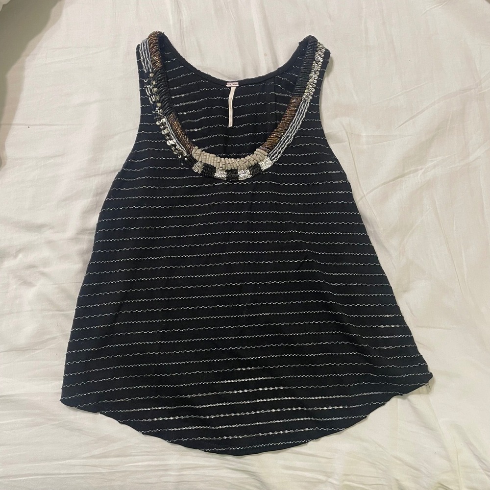 Free People XS Black Beaded Embellished Swing Tank Top Metallic  Boho Festival